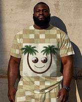 Big Men's Fashion Yellow Plaid Smiley face Coconut Tree Printed Short Sleeve T-shirt Shorts Set